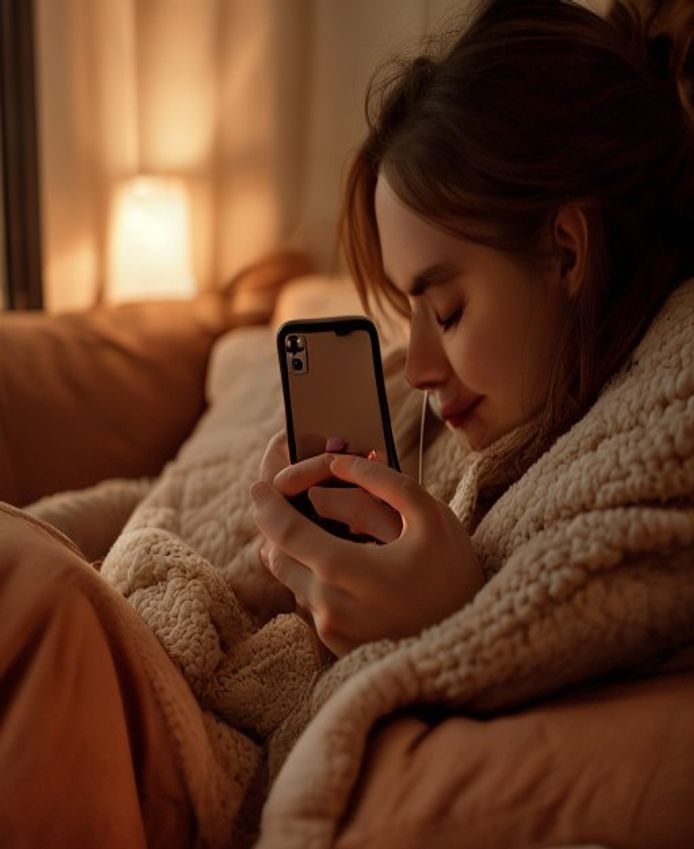 Mulher ouvindo um áudio no celular, aconchegada no sofá à noite